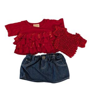Build-A-Bear Clothes Red Popcorn Stretch Shirt Ruffle Top Denim Skirt Outfit Y2K